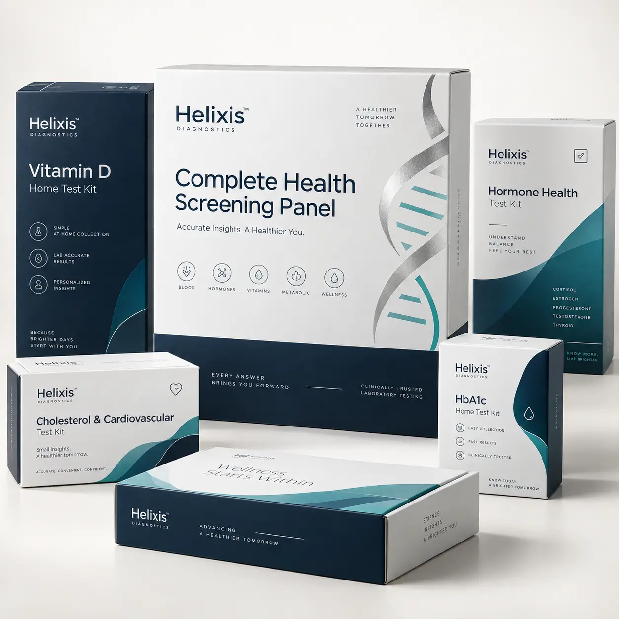 Helixis Diagnostics white and navy home test kit packaging collection including Complete Health Screening Panel, Hormone, HbA1c, Vitamin D kits