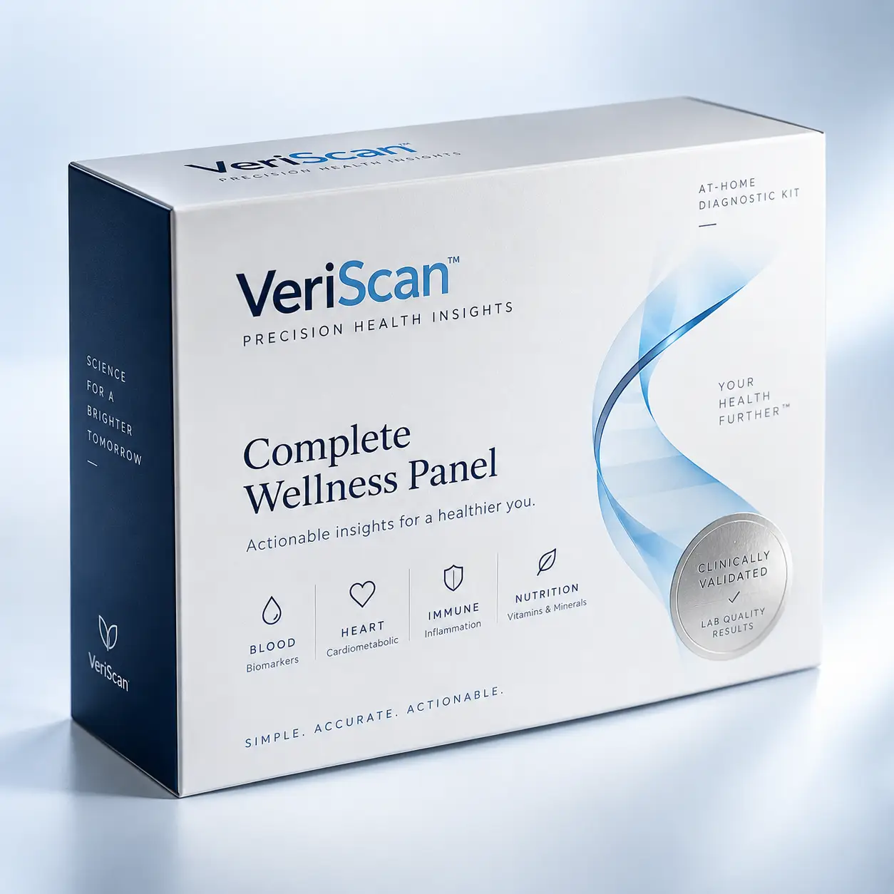 VeriScan Complete Wellness Panel at-home diagnostic kit white box with navy accents, clinically validated health testing packaging design