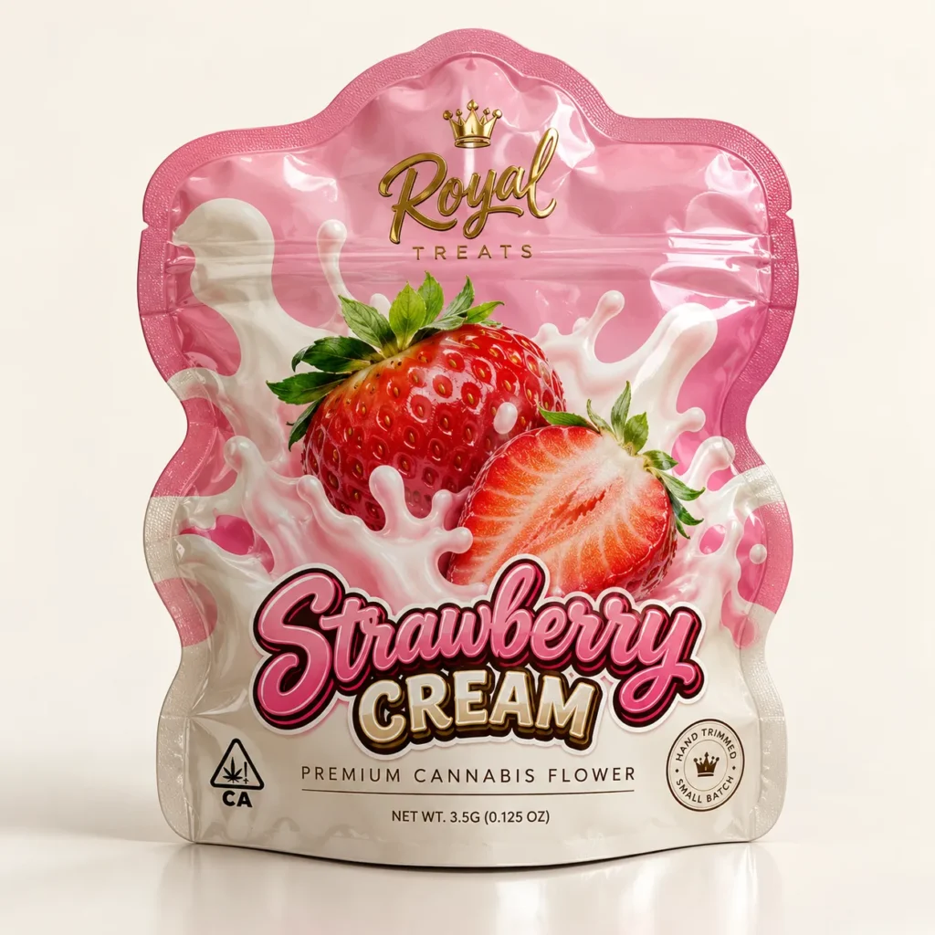 Royal Treats Strawberry Cream cannabis flower mylar bag packaging, pink white design, 3.5g, CA compliant, hand trimmed small batch