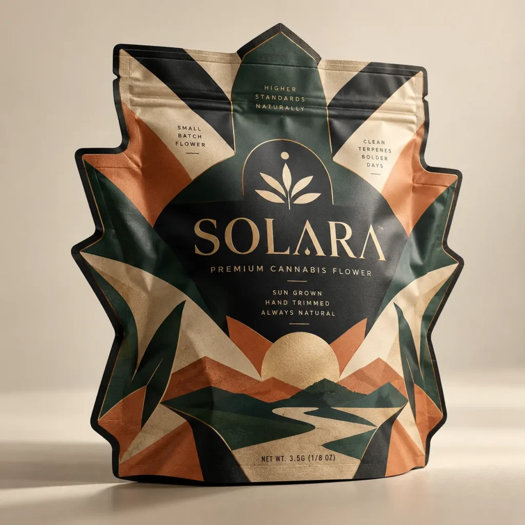 Solara premium cannabis flower packaging, 3.5g mylar bag, dark green terracotta gold geometric leaf shape design, sun grown branding