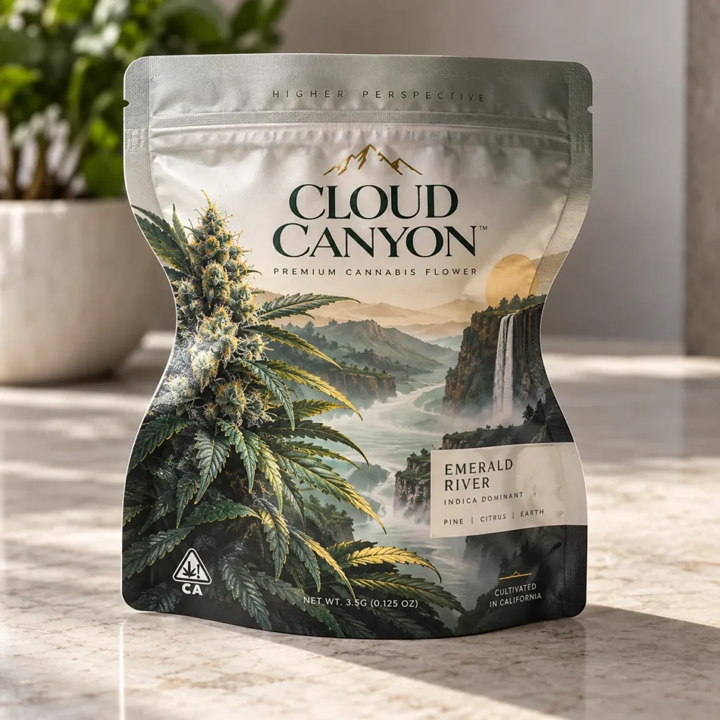 Cloud Canyon premium cannabis flower packaging bag, Emerald River indica strain, sage green mylar pouch, mountain landscape design, California