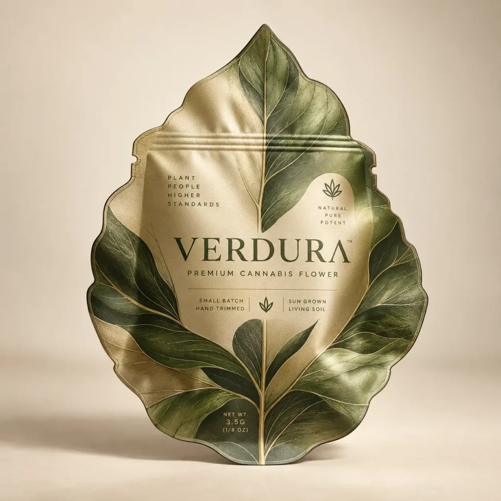 Verdura premium cannabis flower packaging in leaf-shaped gold-green mylar bag, 3.5g, small batch sun-grown branding