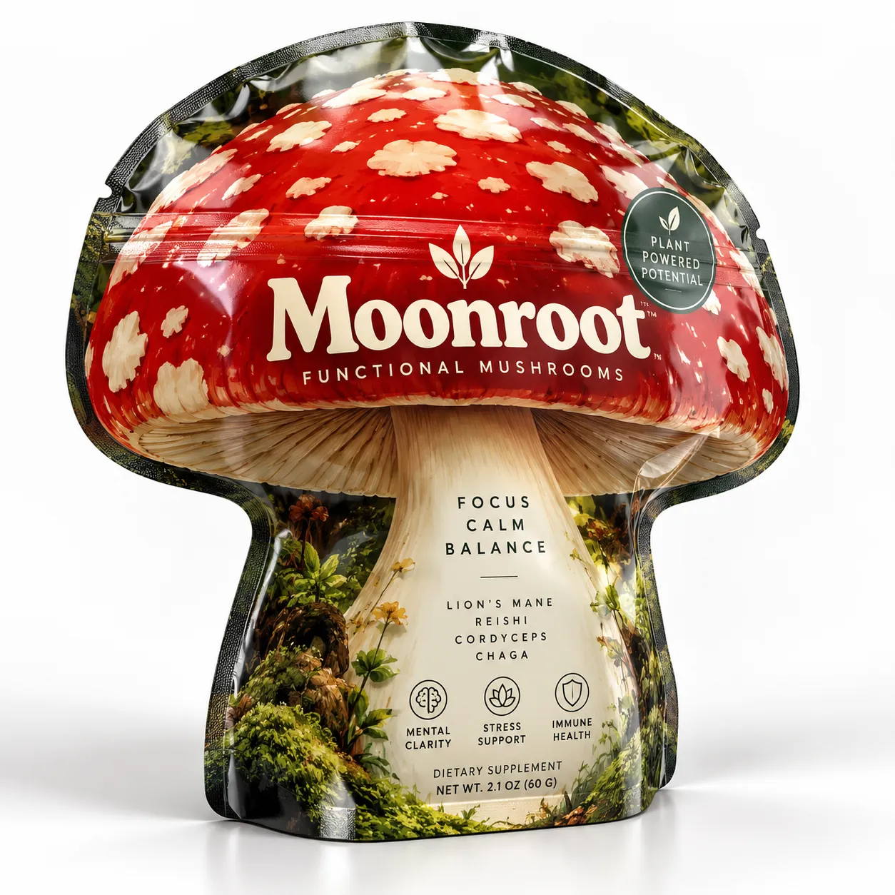 Moonroot functional mushroom supplement pouch shaped like red Amanita mushroom with Lion's Mane Reishi Cordyceps Chaga, forest design