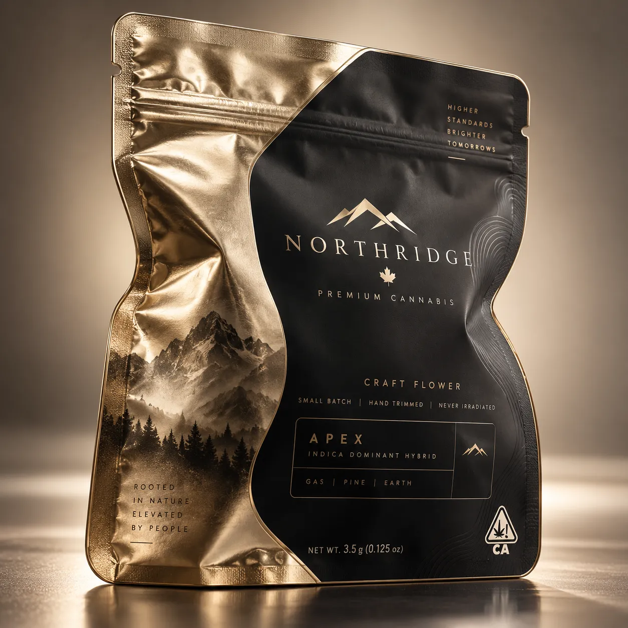 Northridge Premium Cannabis Apex craft flower packaging, luxury black gold mylar bag, 3.5g indica hybrid, mountain branding design