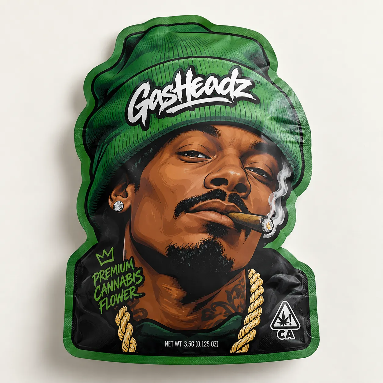 GasHeadz premium cannabis flower mylar bag 3.5g, green beanie illustrated rapper smoking, CA compliant custom packaging