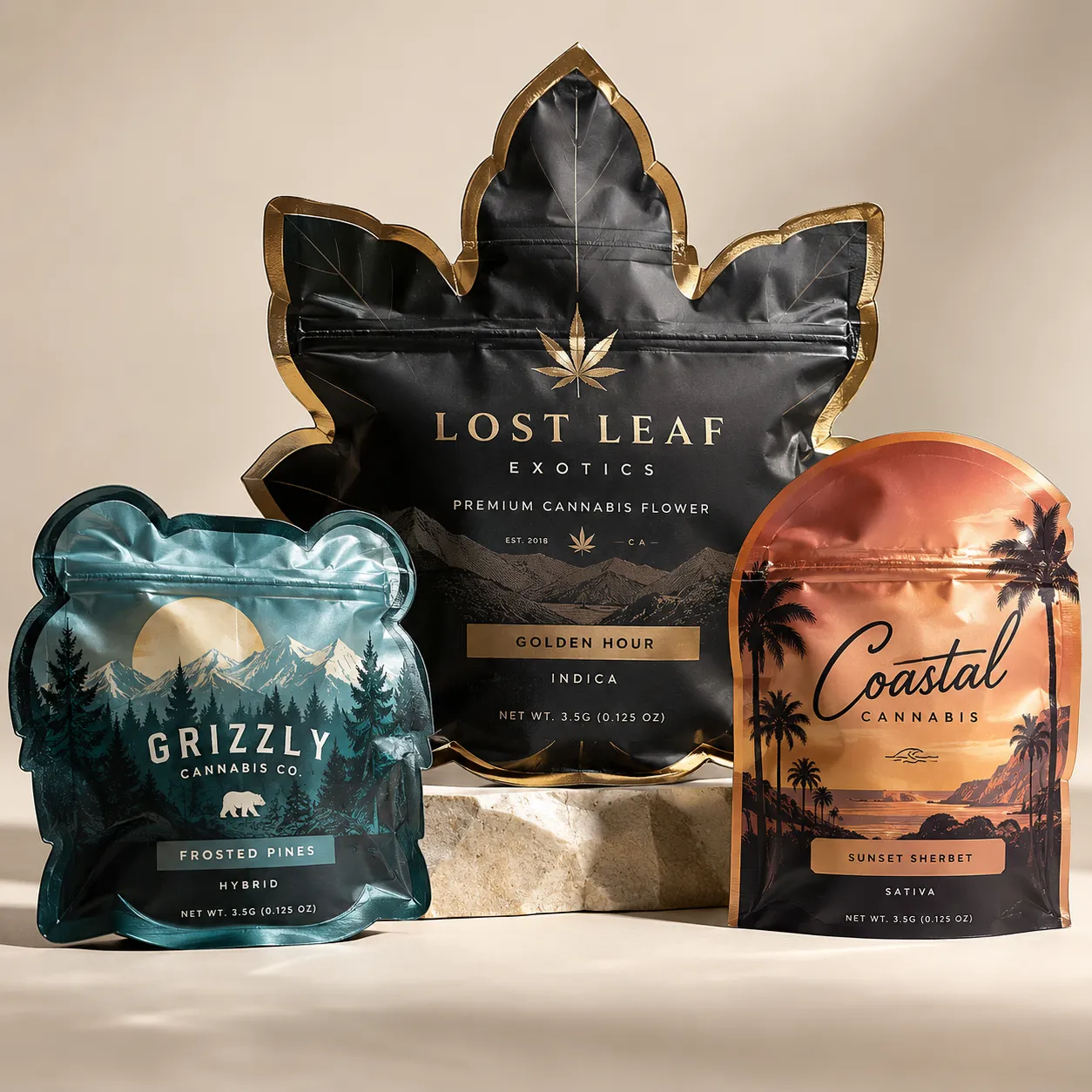 Three premium cannabis flower mylar bags: leaf-shaped black gold Lost Leaf Exotics, teal Grizzly Cannabis Co, sunset Coastal Cannabis packaging design