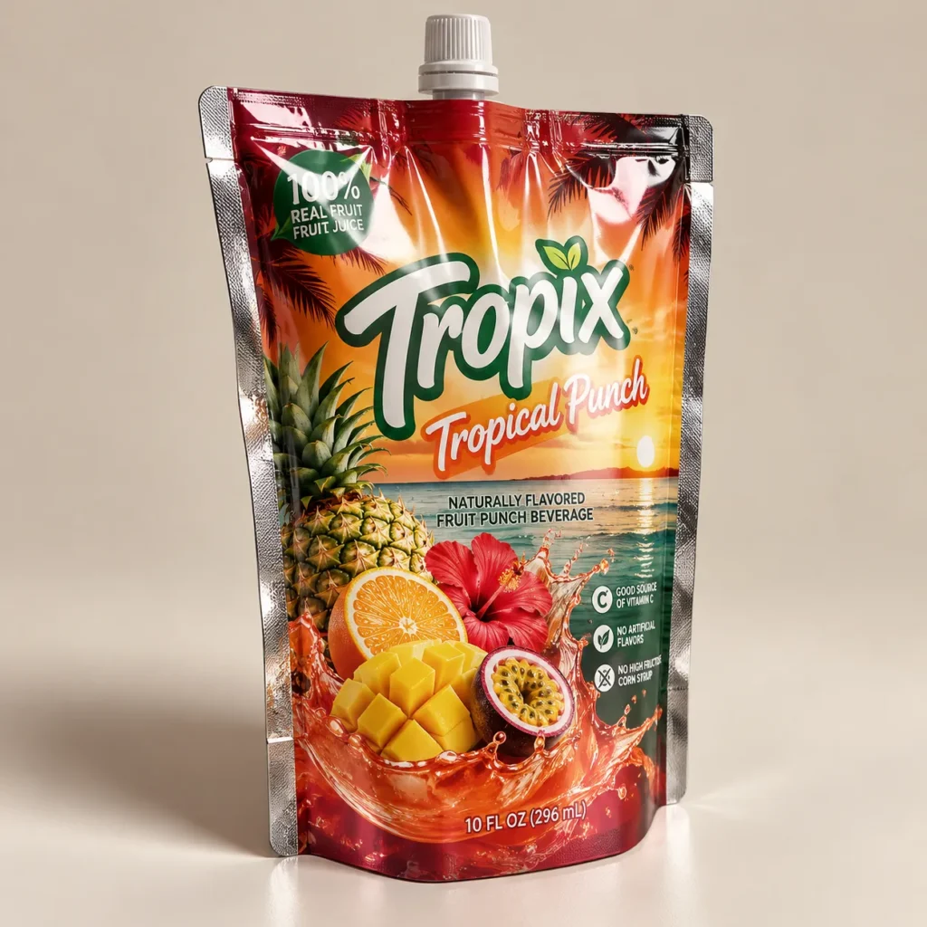 Tropix Tropical Punch 10oz foil spout pouch with vibrant sunset, pineapple, mango, passion fruit, hibiscus fruit juice packaging design