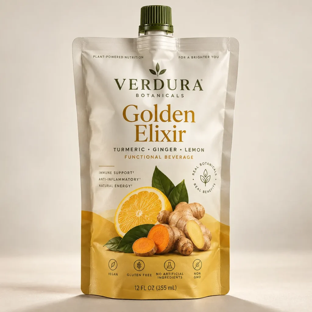 Verdura Botanicals Golden Elixir turmeric ginger lemon functional beverage pouch, gold white packaging, 12 fl oz, vegan non-GMO