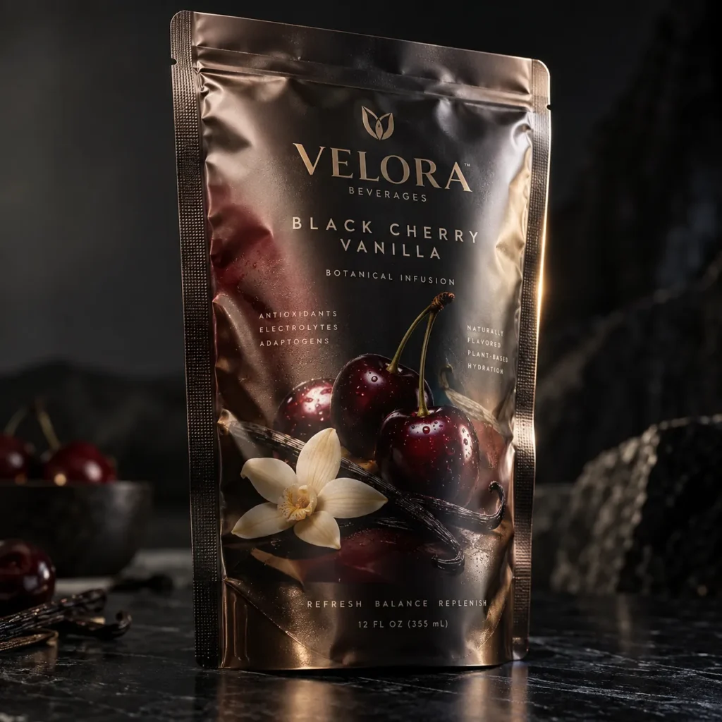 Velora Beverages Black Cherry Vanilla botanical infusion pouch, rose gold packaging, 12 fl oz, antioxidants electrolytes adaptogens