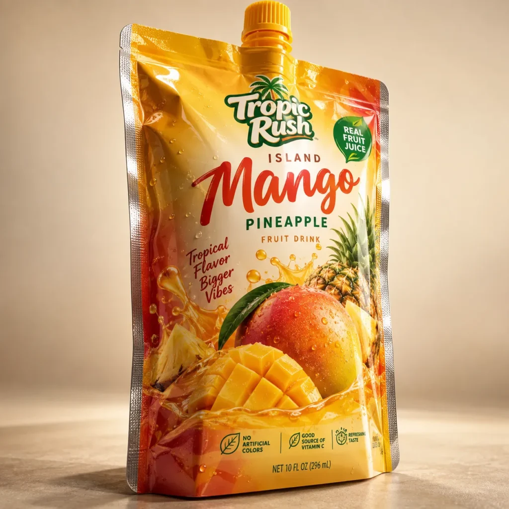 Tropic Rush Island Mango Pineapple fruit drink pouch packaging design, gold foil stand-up bag with tropical fruit splash artwork