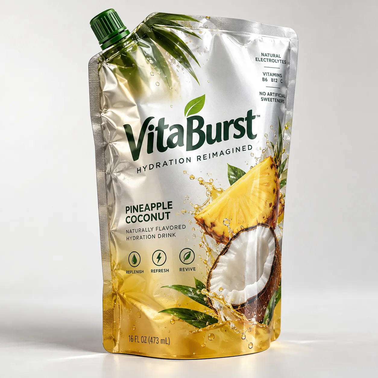 VitaBurst Pineapple Coconut hydration drink pouch, silver gold packaging, natural electrolytes, vitamins B6 B12 C, 16oz stand-up spout bag