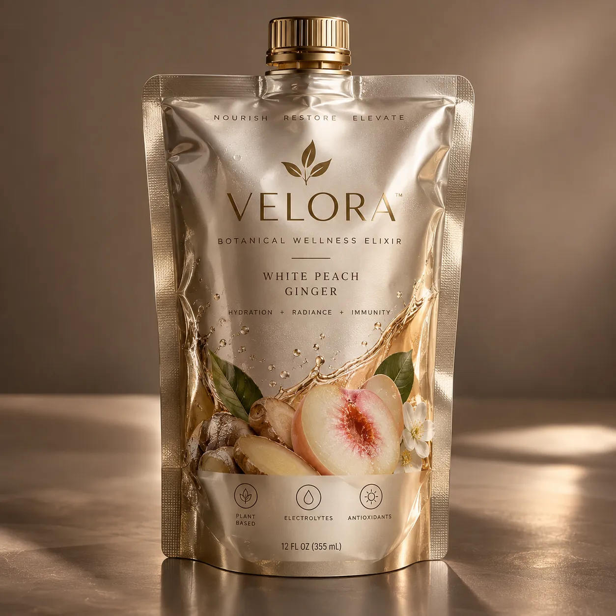 Velora White Peach Ginger botanical wellness elixir pouch, gold metallic packaging, 12oz luxury beverage product design