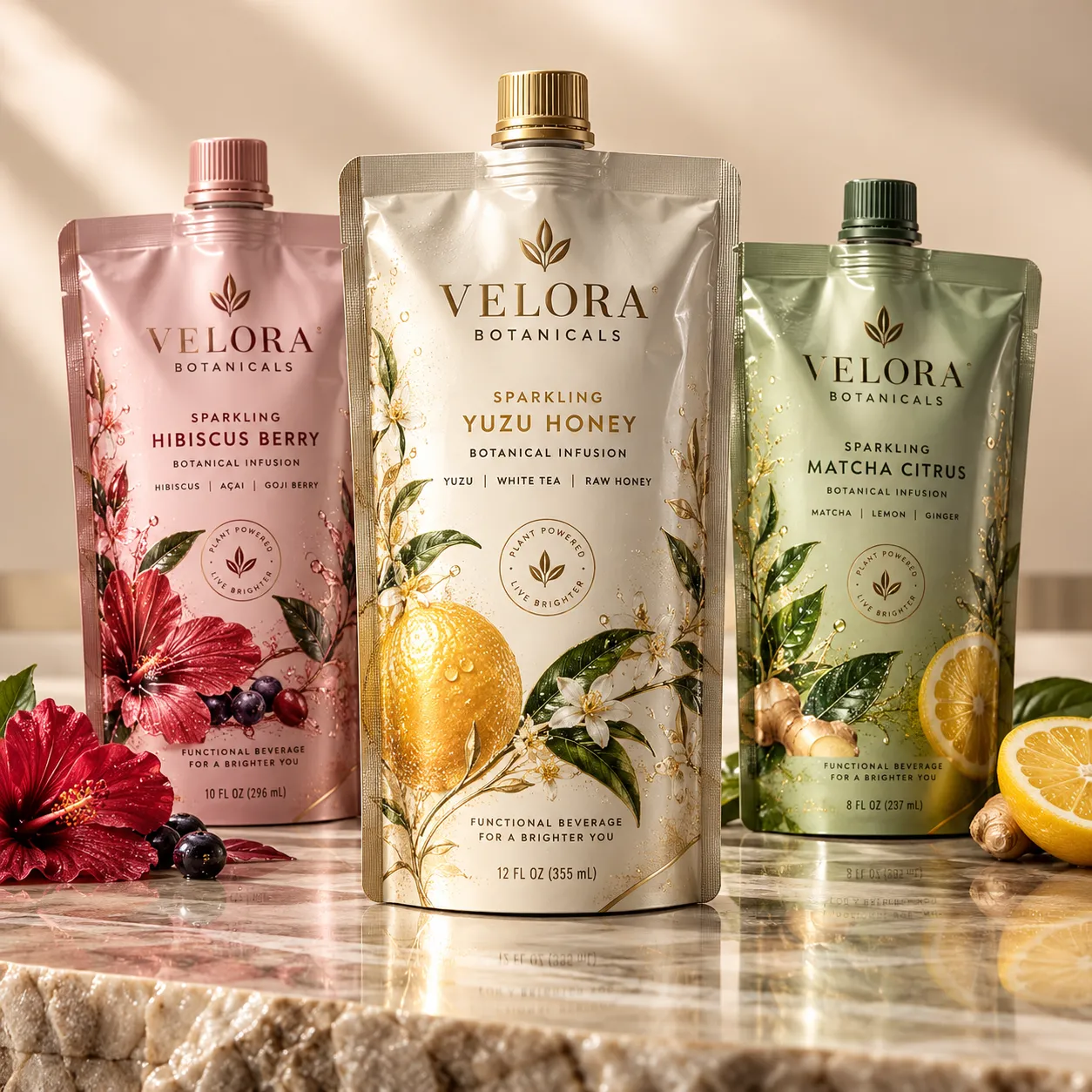 Three Velora Botanicals sparkling botanical infusion pouches in pink, gold, and green displayed on marble surface
