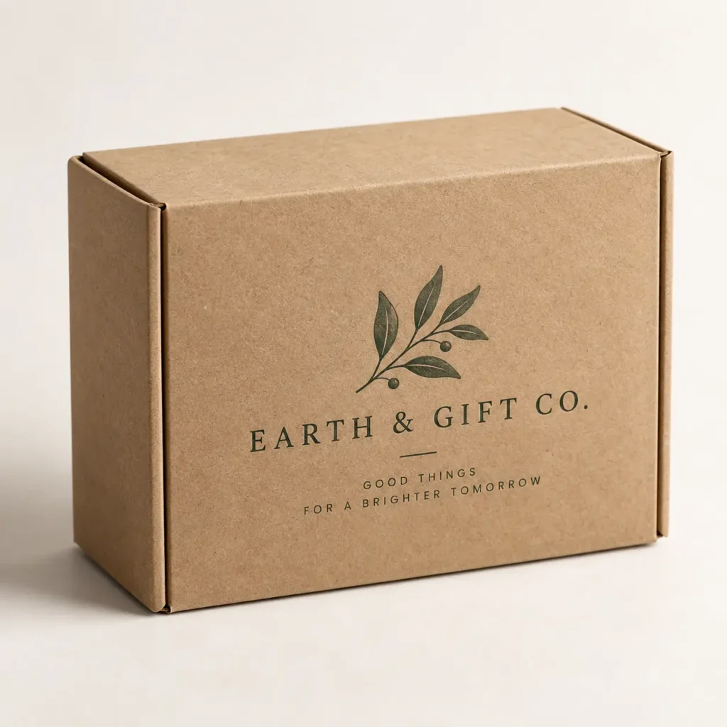 Kraft brown eco-friendly mailer box printed with Earth & Gift Co. green botanical logo and tagline Good Things For A Brighter Tomorrow