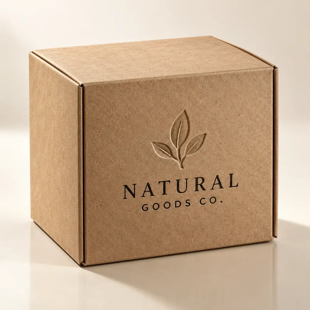 Kraft brown corrugated mailer box with embossed leaf logo and Natural Goods Co. branding on neutral background