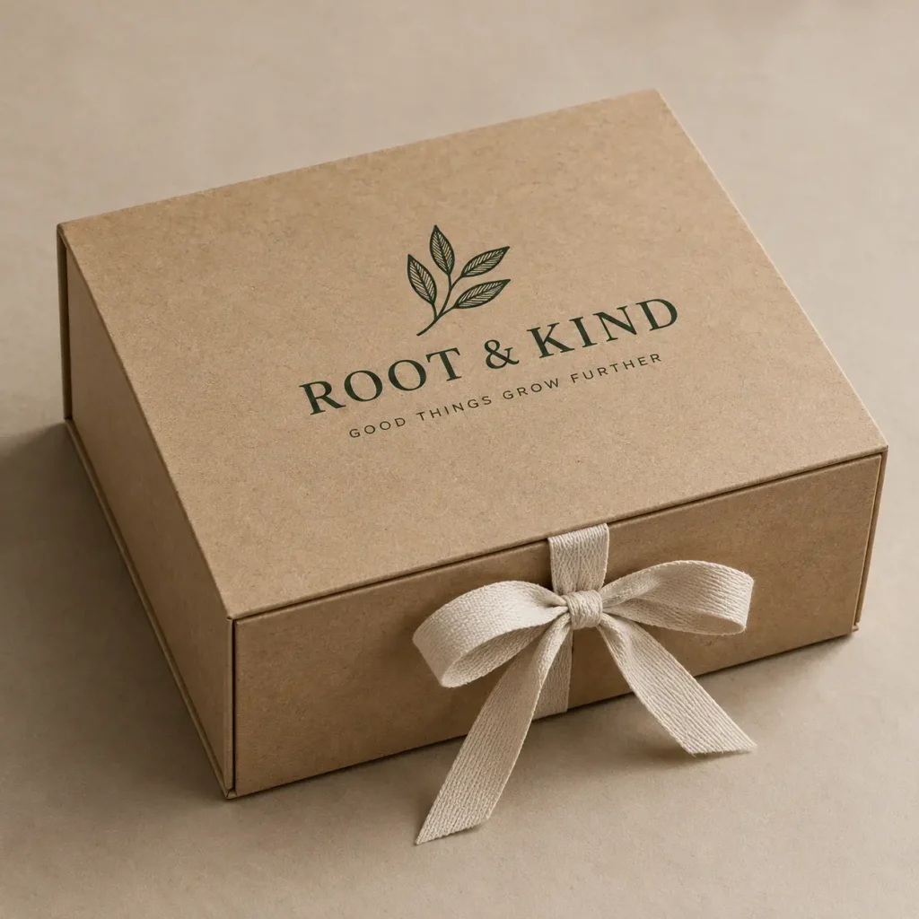 Kraft gift box with green botanical logo Root & Kind, tied with cream ribbon bow, eco-friendly custom packaging design