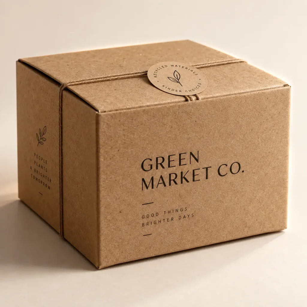 Kraft brown eco-friendly custom packaging box with twine and recycled materials seal for Green Market Co. sustainable brand