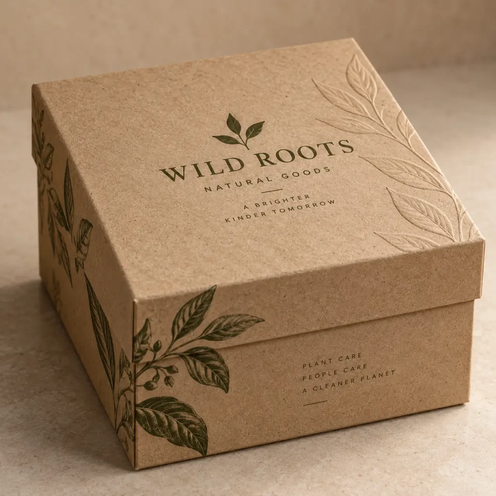 Kraft brown eco-friendly gift box with Wild Roots Natural Goods branding, green botanical leaf illustrations, sustainable packaging design