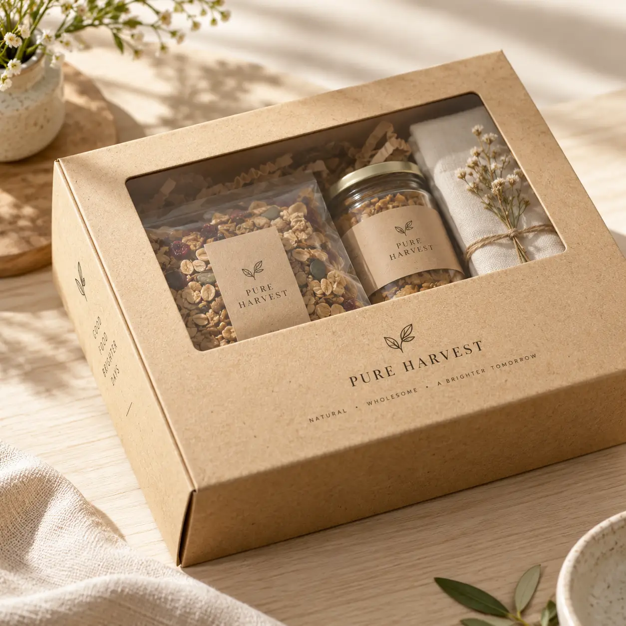 Kraft gift box packaging with window display holding Pure Harvest granola bag, glass jar, and linen wrap with dried flowers