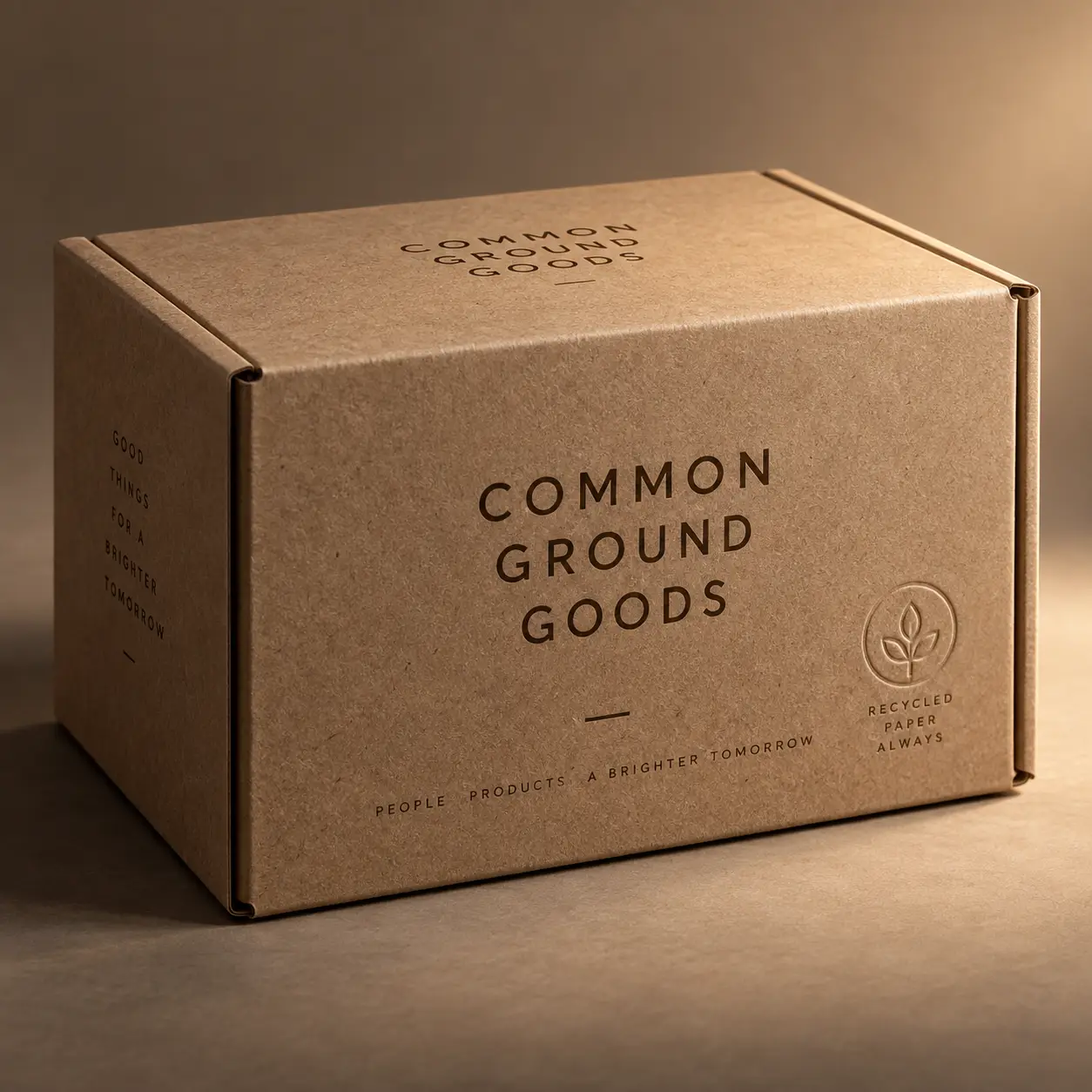 Kraft brown recycled cardboard mailer box with Common Ground Goods branding, eco-friendly sustainable packaging design on warm background