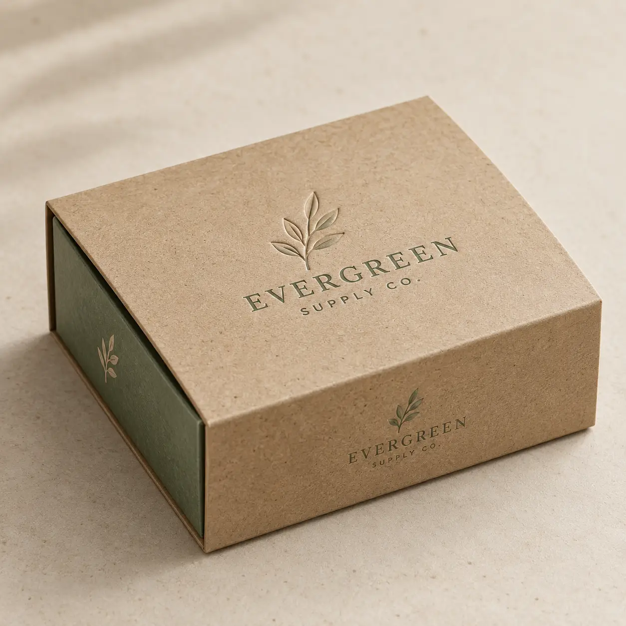 Kraft paper magnetic gift box with embossed leaf logo for Evergreen Supply Co., eco-friendly custom packaging design by The Packaging Masters