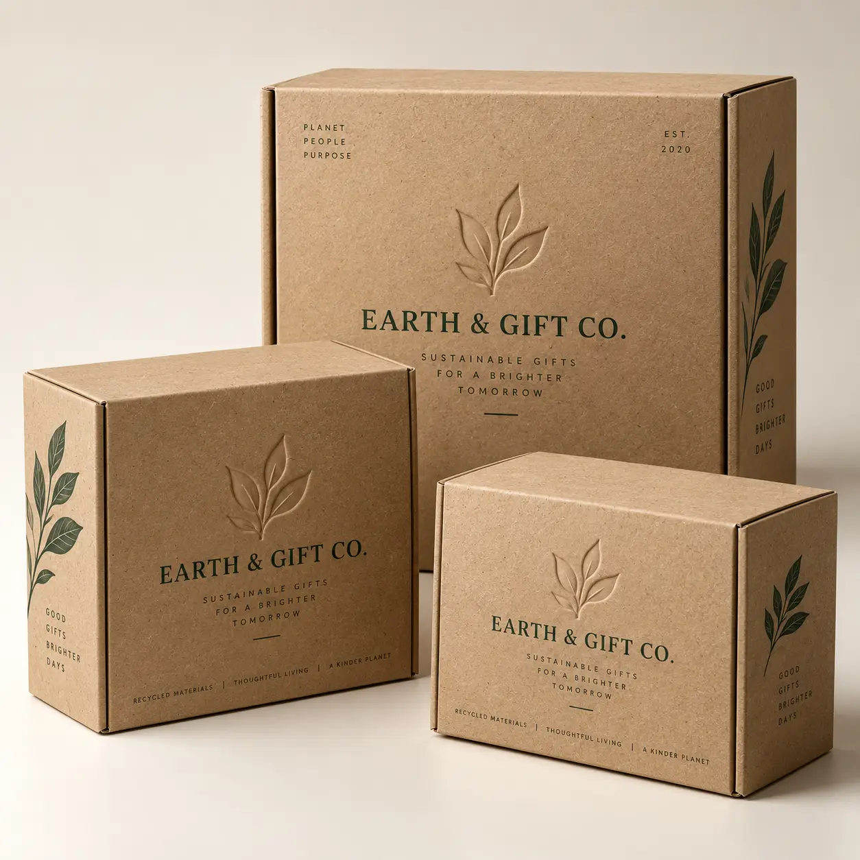 Three kraft brown Earth & Gift Co sustainable gift boxes in various sizes with embossed leaf logo and green botanical print packaging