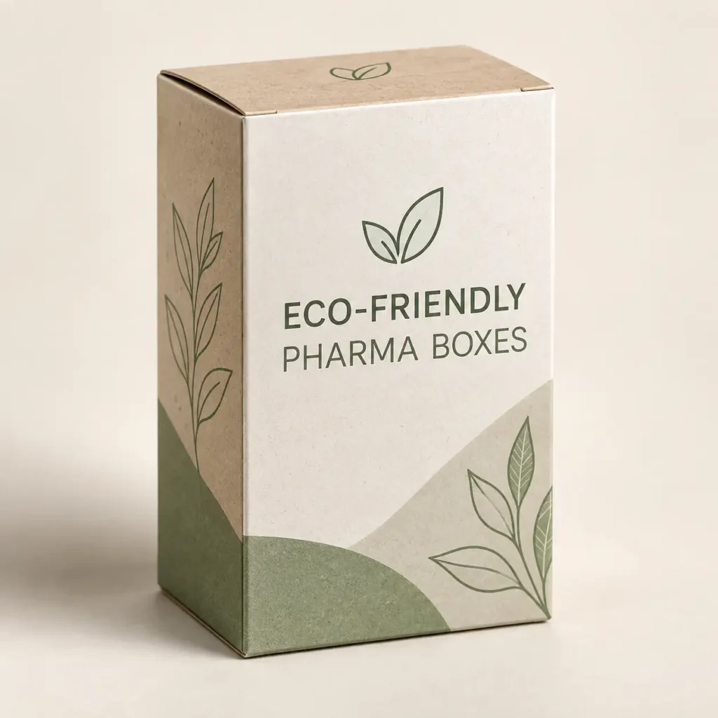 Eco-friendly kraft pharma box with green botanical leaf design, natural tones, sustainable pharmaceutical packaging by The Packaging Masters
