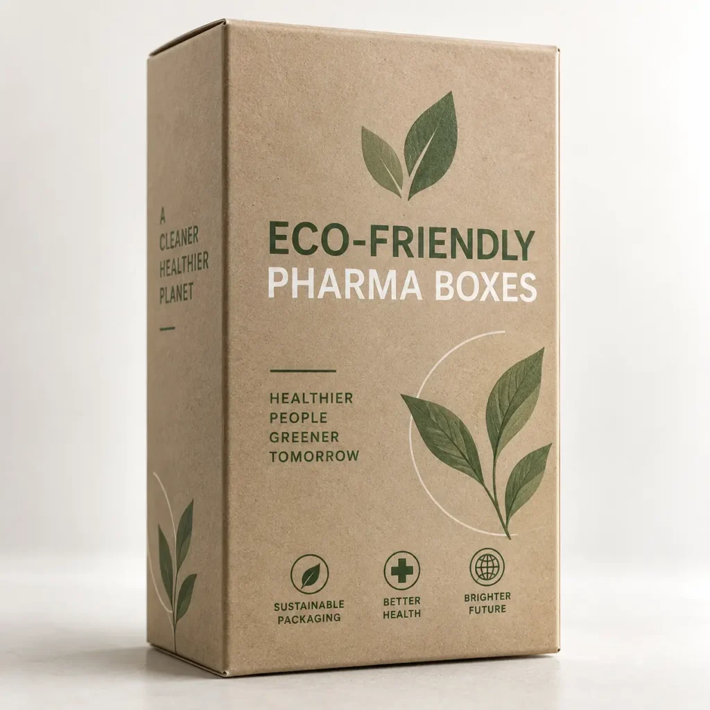 Kraft brown eco-friendly pharma box with green leaf design, sustainable packaging for pharmaceutical products by The Packaging Masters