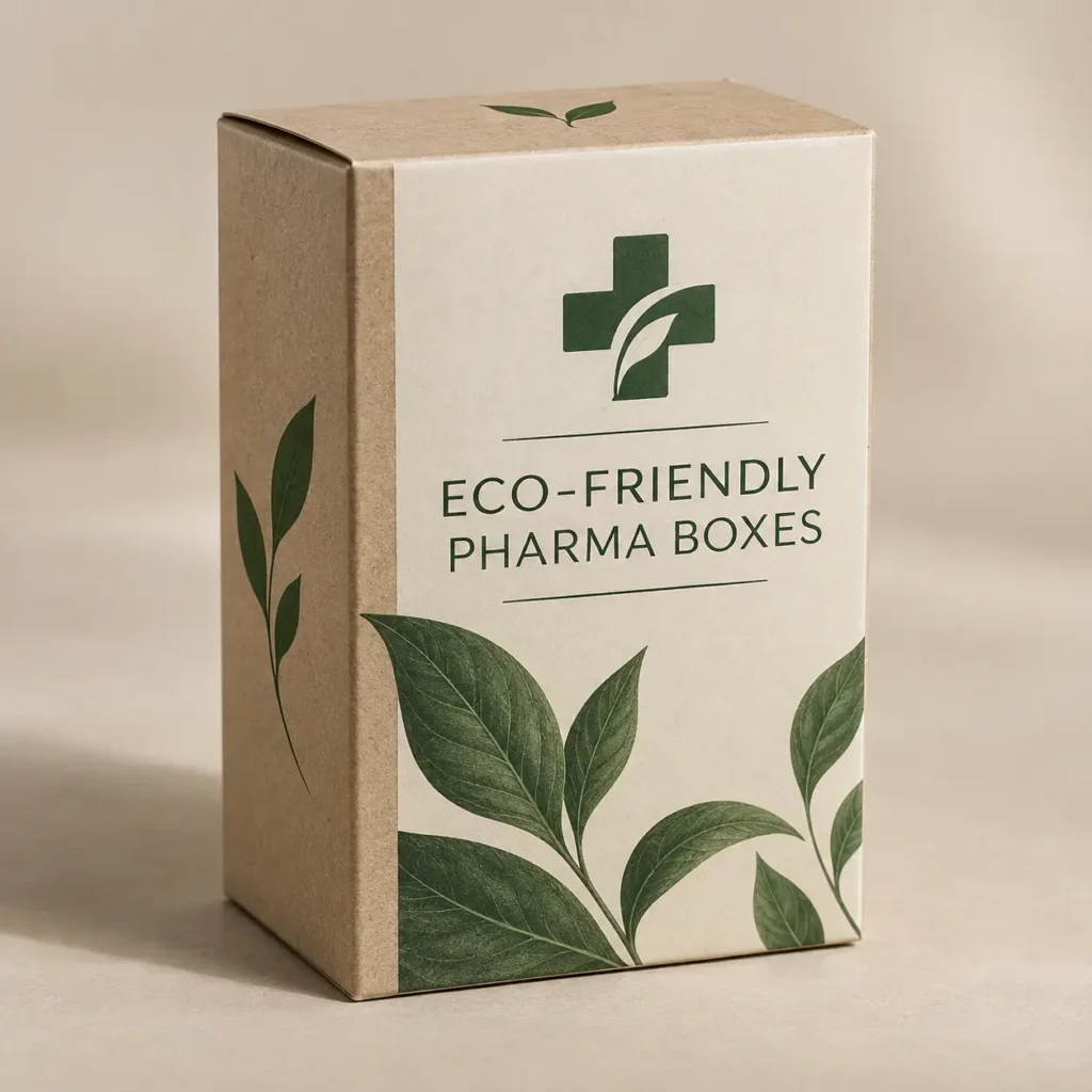Kraft eco-friendly pharma boxes with green leaf design and medical cross logo by The Packaging Masters