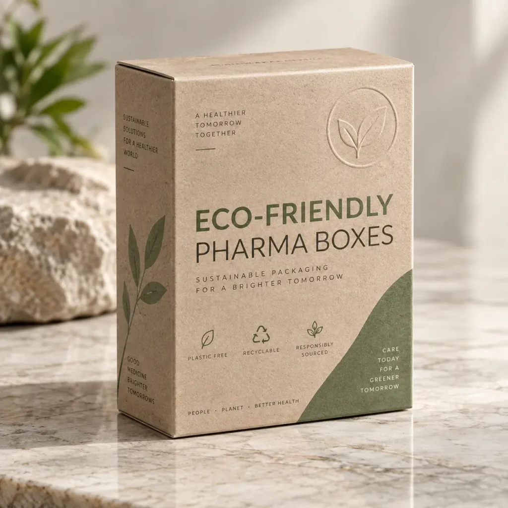 Kraft eco-friendly pharma boxes with green leaf design on marble surface, sustainable recyclable pharmaceutical packaging solution