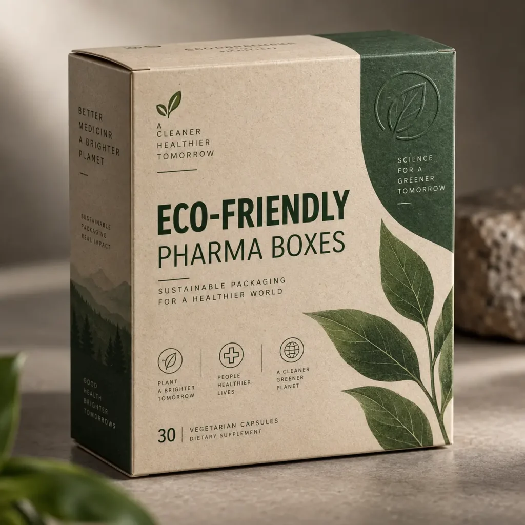 Eco-friendly kraft pharma box with green leaf design, sustainable packaging for vegetarian dietary supplements, 30 capsules