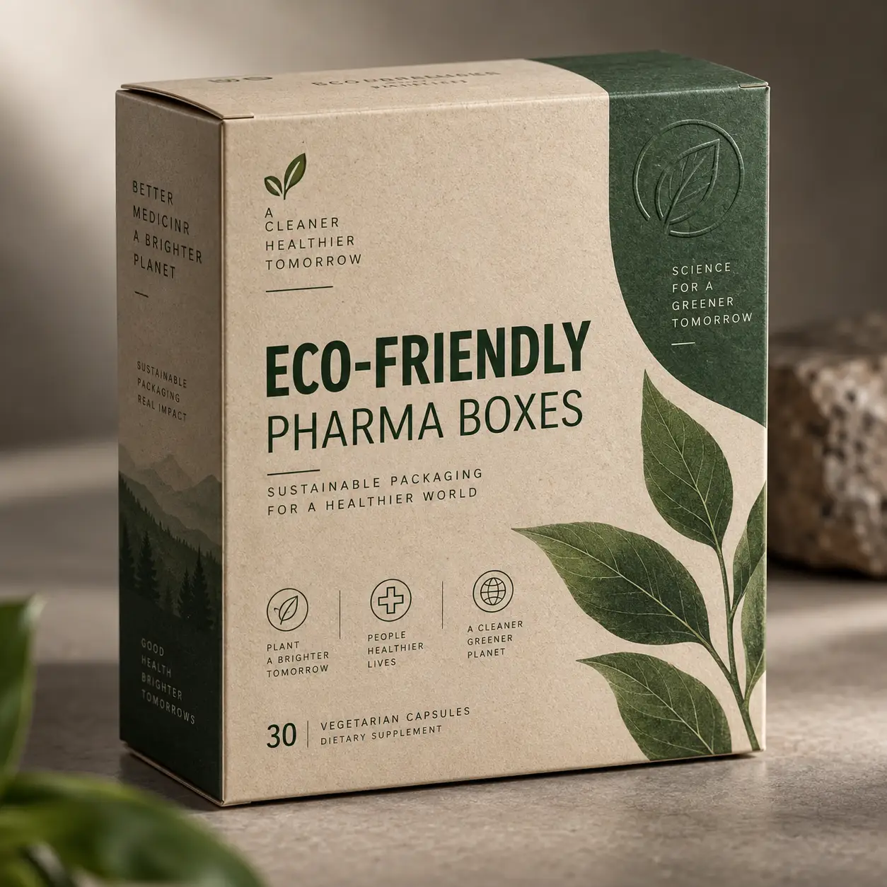 Eco-friendly kraft pharma box with green leaf design, sustainable packaging for vegetarian dietary supplements, 30 capsules