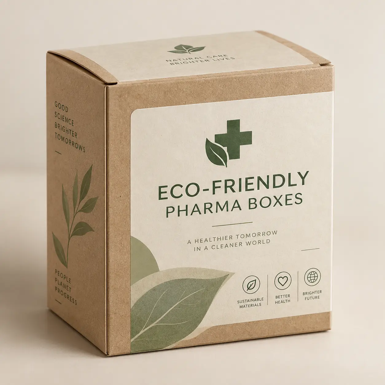Eco-friendly kraft pharma box with green leaf logo, sustainable medicine packaging, natural brown tones, clean minimalist design