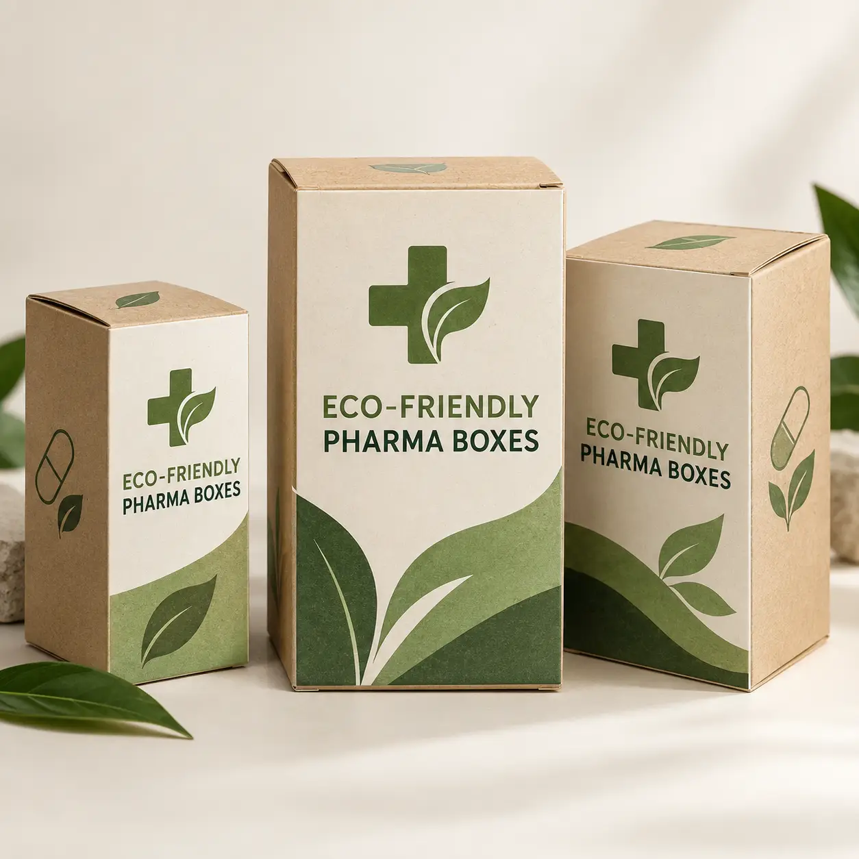 Three kraft eco-friendly pharma boxes in green and white with leaf cross logo, sustainable pharmaceutical packaging by The Packaging Masters