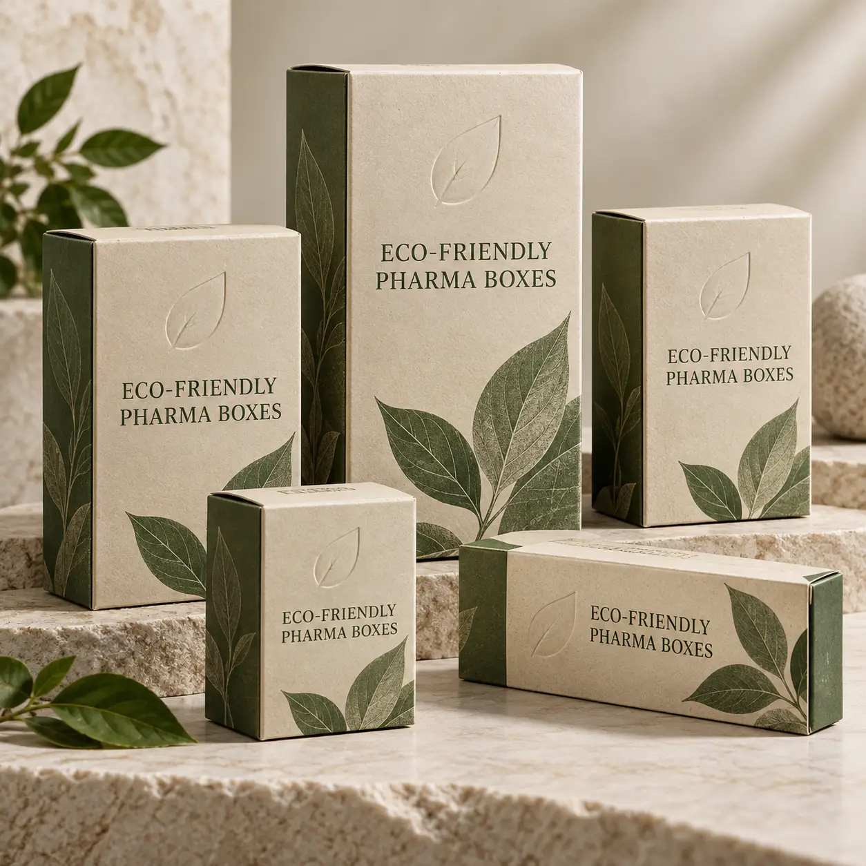 Eco-friendly pharma boxes in kraft brown and forest green with leaf prints, displayed on stone surface for sustainable pharmaceutical packaging.