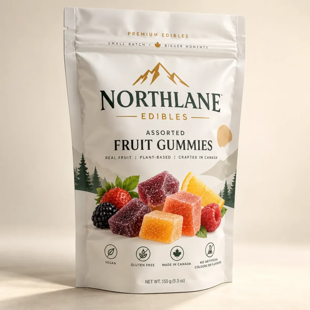 Northlane Edibles assorted fruit gummies white resealable pouch with vegan gluten-free Canadian candy packaging, 150g