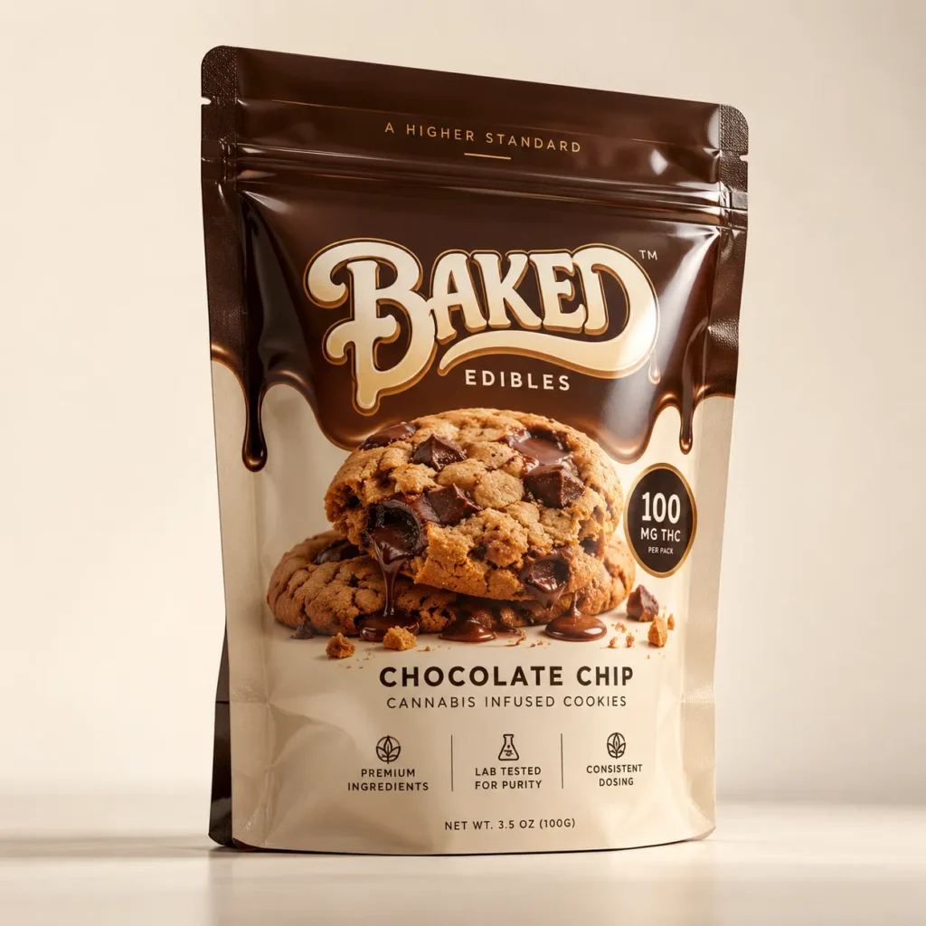 Baked Edibles cannabis chocolate chip cookie packaging, brown resealable pouch, 100mg THC, premium edibles bag design