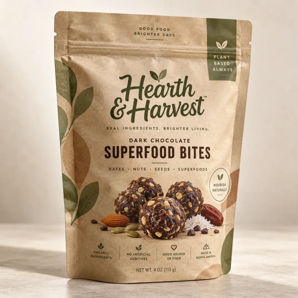 Hearth & Harvest dark chocolate superfood bites kraft pouch with green leaf design, plant-based snack packaging, 4oz resealable bag
