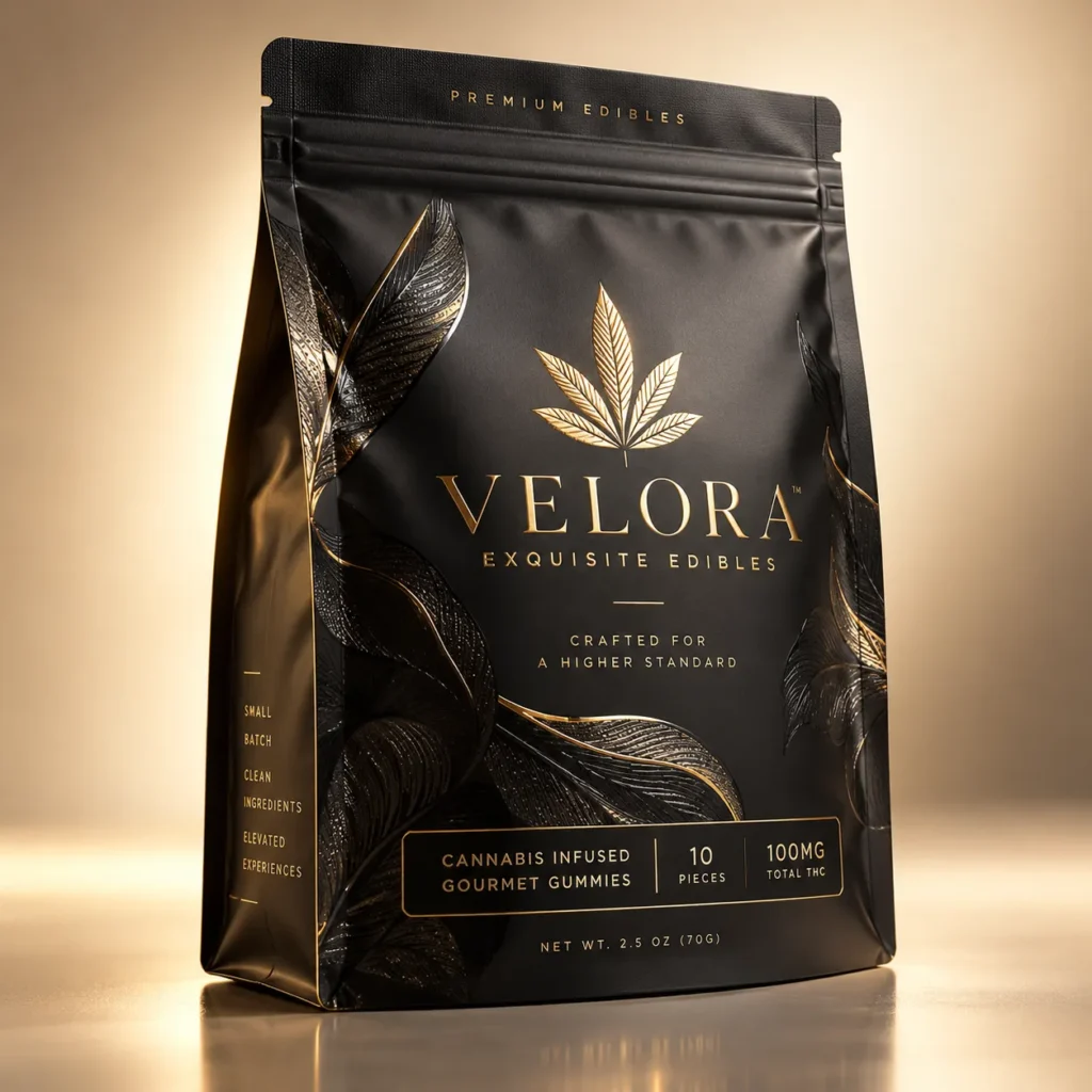 Velora premium cannabis edibles black matte pouch with gold leaf logo, luxury packaging design, 100mg THC gourmet gummies, 10 pieces