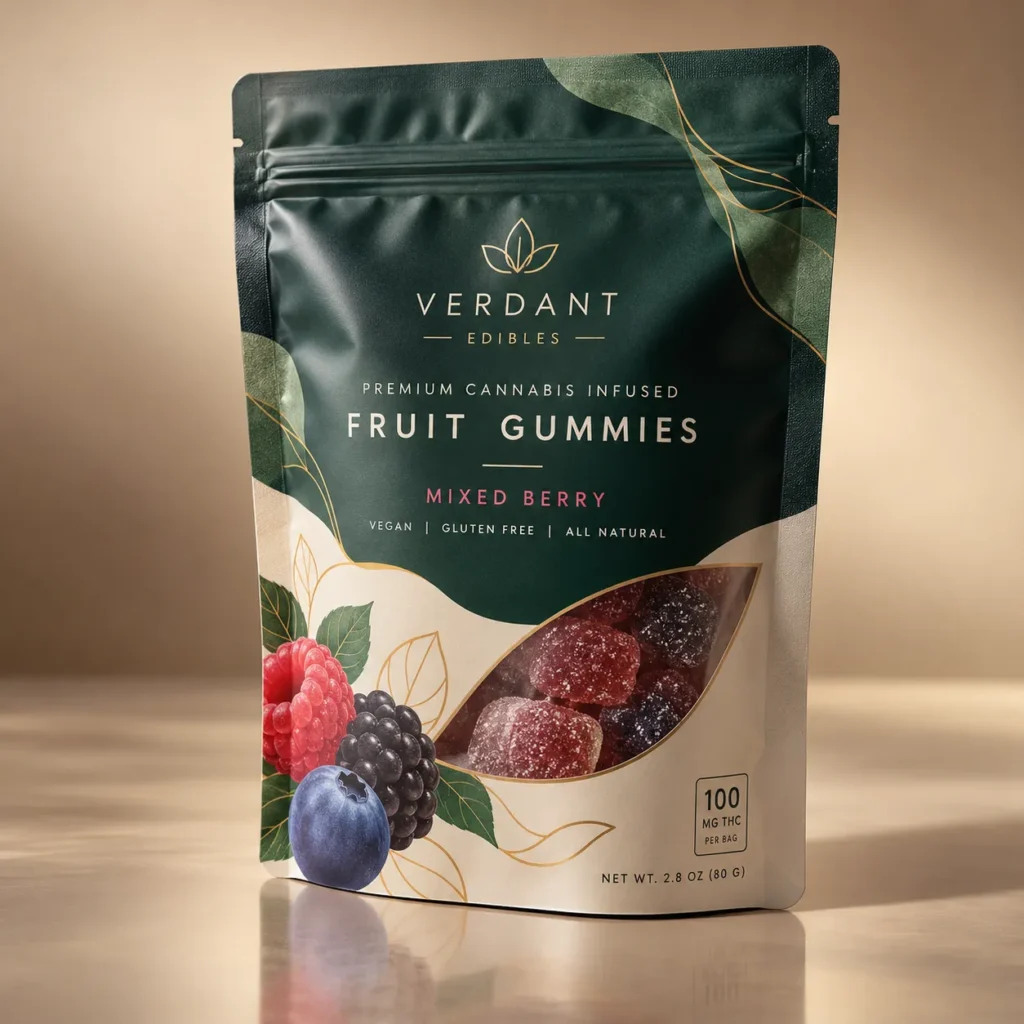 Premium cannabis edible packaging design — Verdant Edibles dark green resealable pouch with mixed berry THC gummies, gold accents, elegant branding