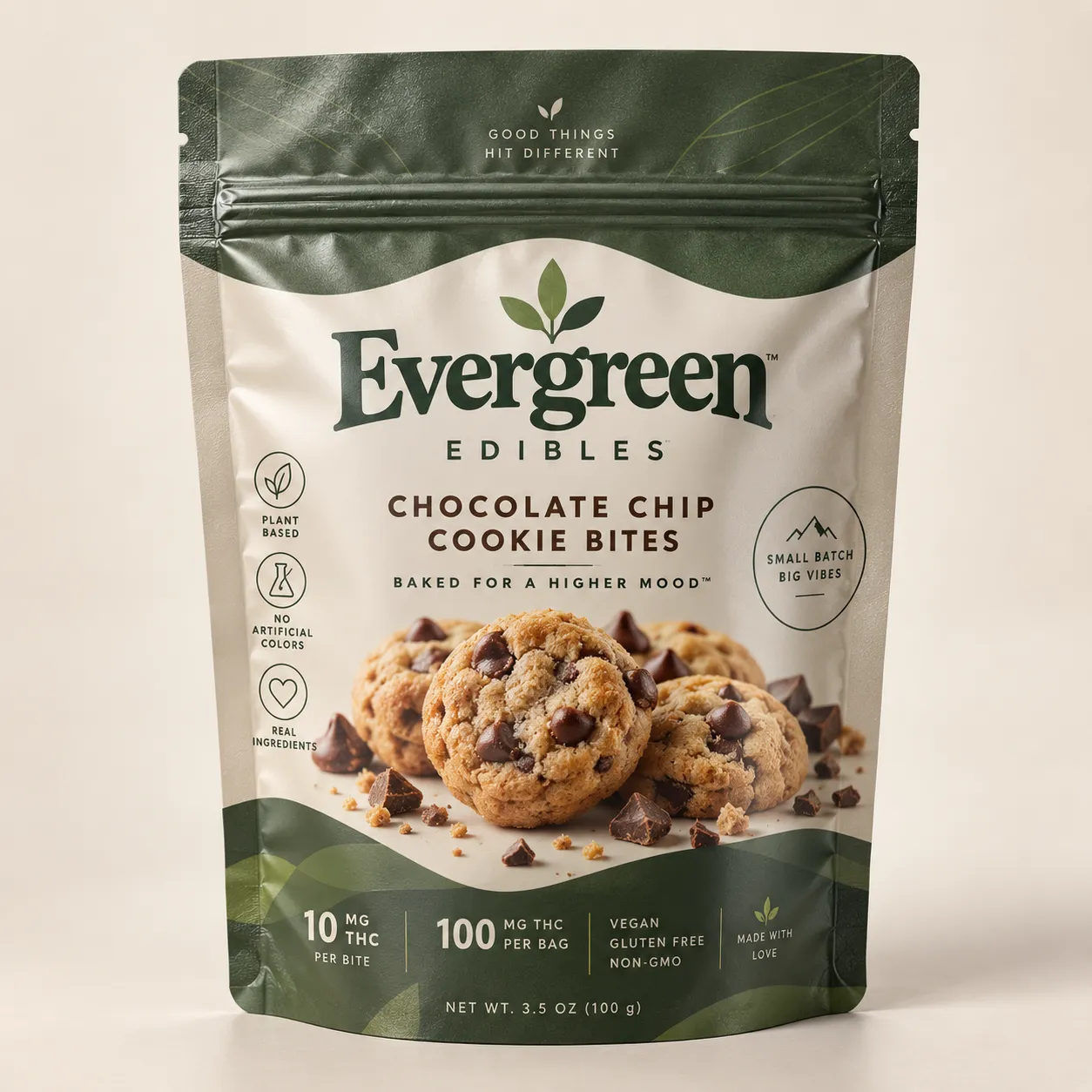 Evergreen Edibles THC chocolate chip cookie bites cannabis edible packaging, green white pouch, 10mg per bite, vegan gluten-free