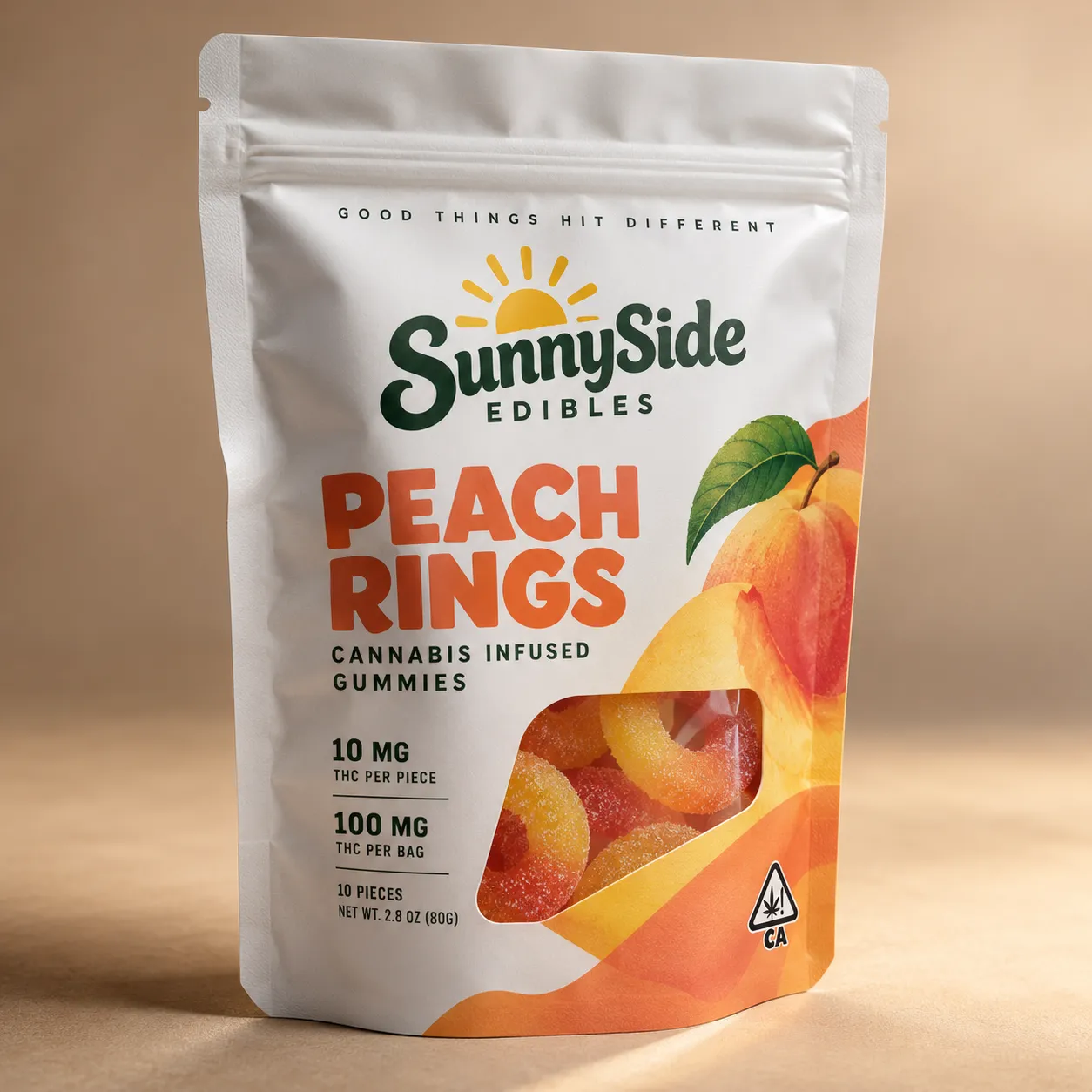 White cannabis edible packaging bag for SunnySide Peach Rings THC gummies, 100mg, orange peach design, California dispensary product