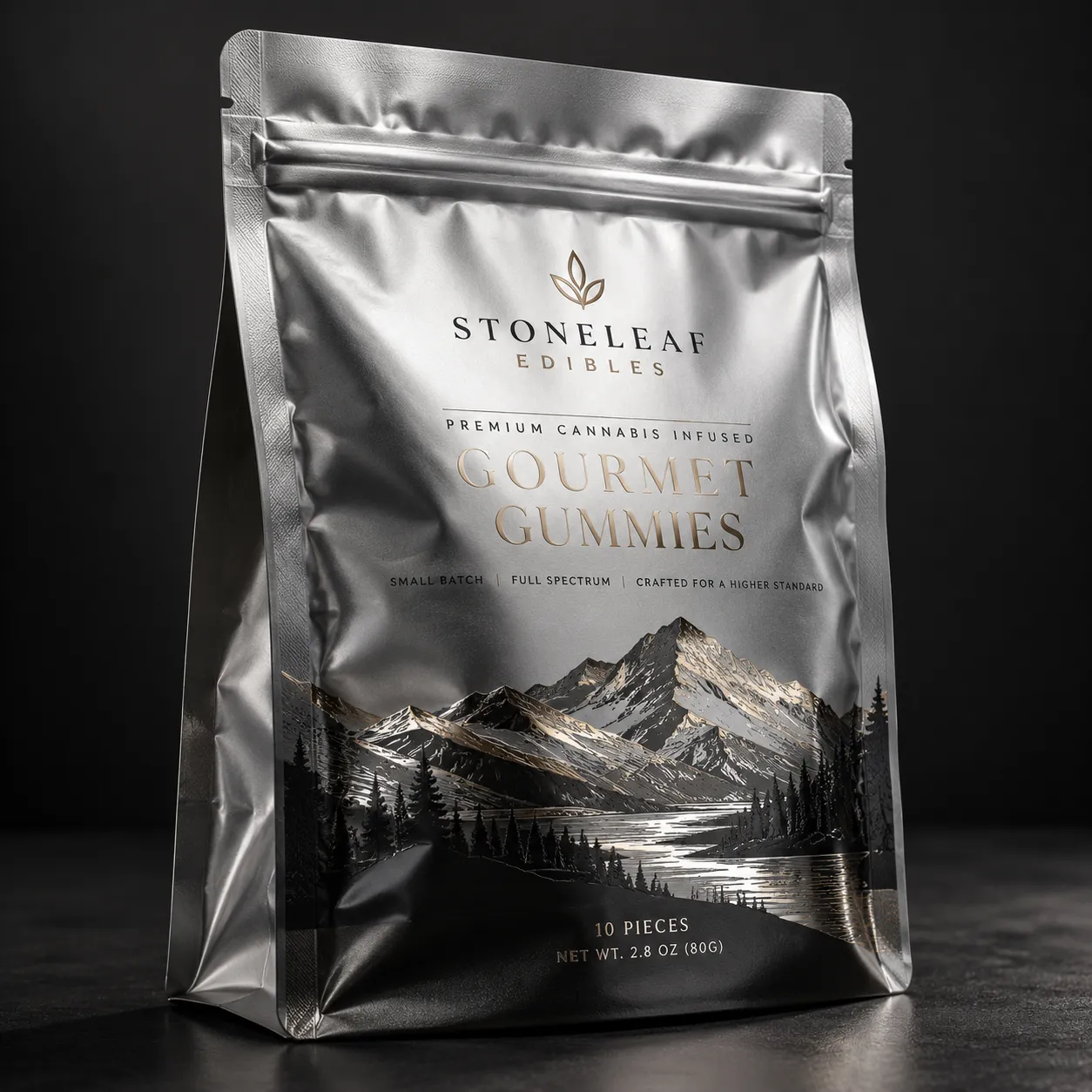 Silver mylar cannabis edible packaging bag for Stoneleaf Edibles Gourmet Gummies, gold typography, mountain landscape, premium design