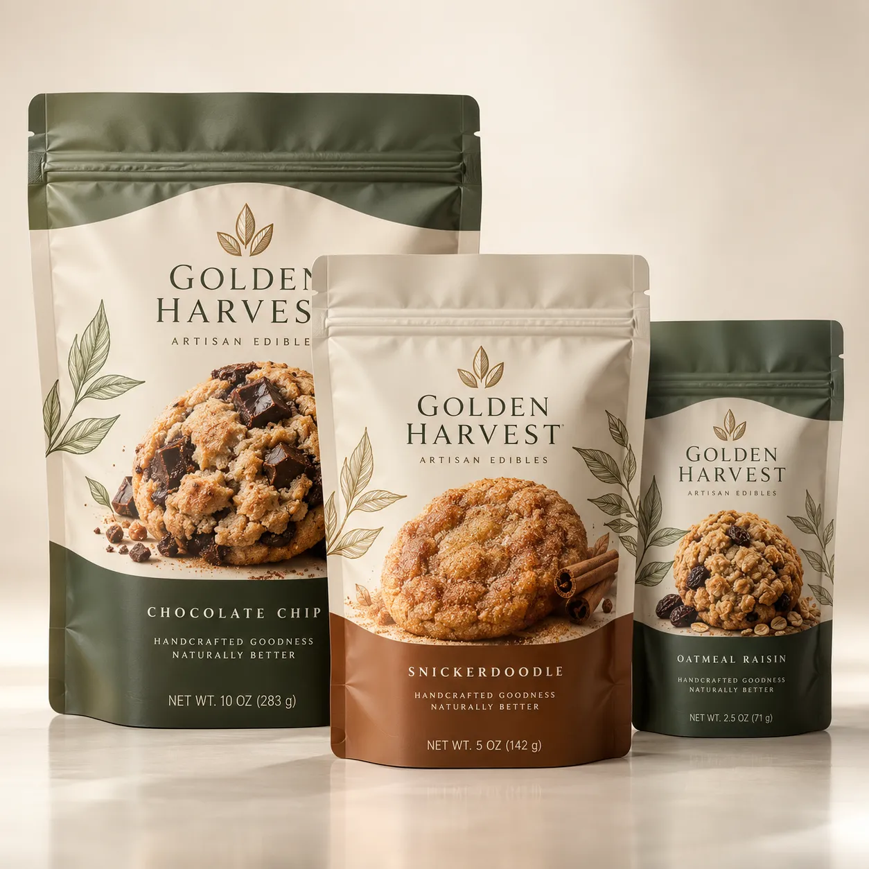 Three Golden Harvest Artisan Edibles cookie packaging bags in green and cream: Chocolate Chip 10oz, Snickerdoodle 5oz, Oatmeal Raisin 2.5oz