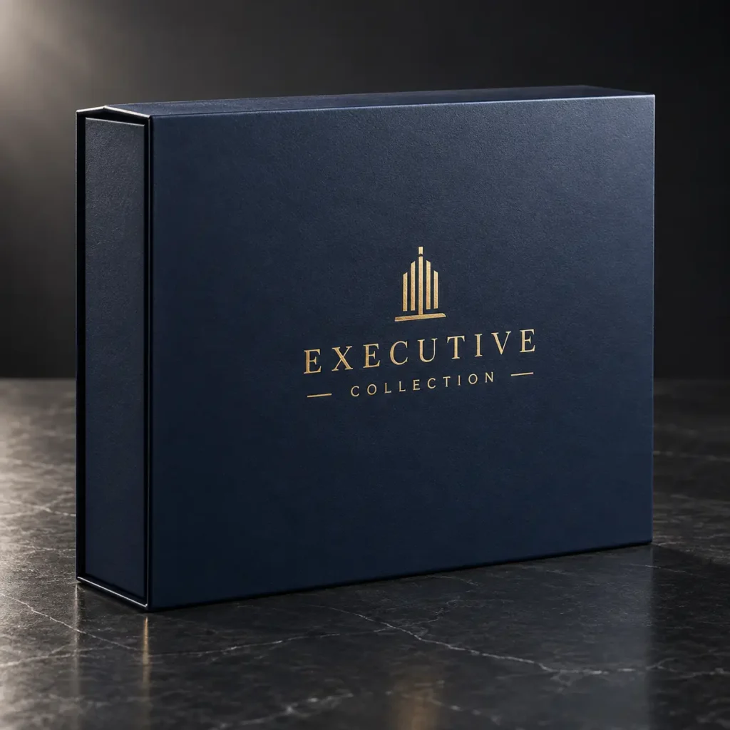 Navy blue luxury magnetic gift box with gold foil Executive Collection logo on dark marble surface, premium custom packaging
