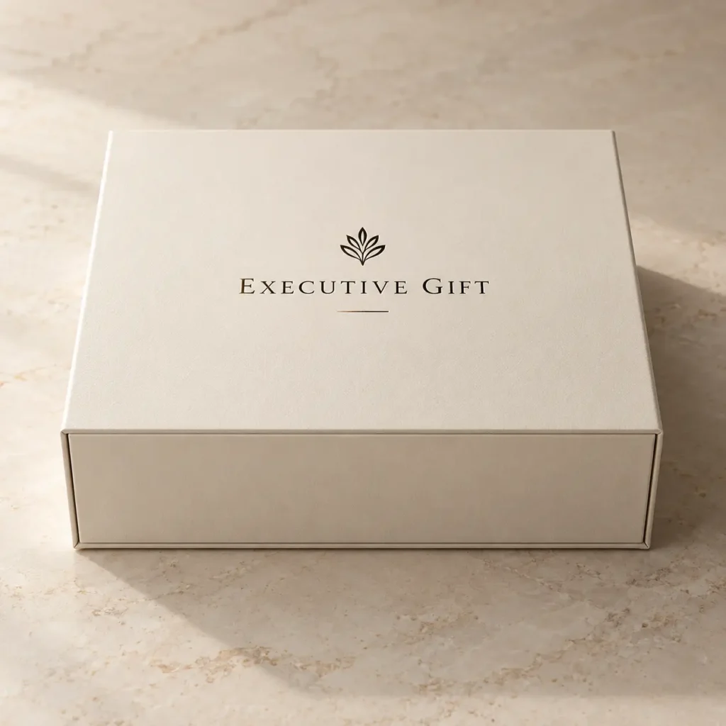 Luxury cream white executive gift box with gold logo on marble surface, premium rigid packaging by The Packaging Masters