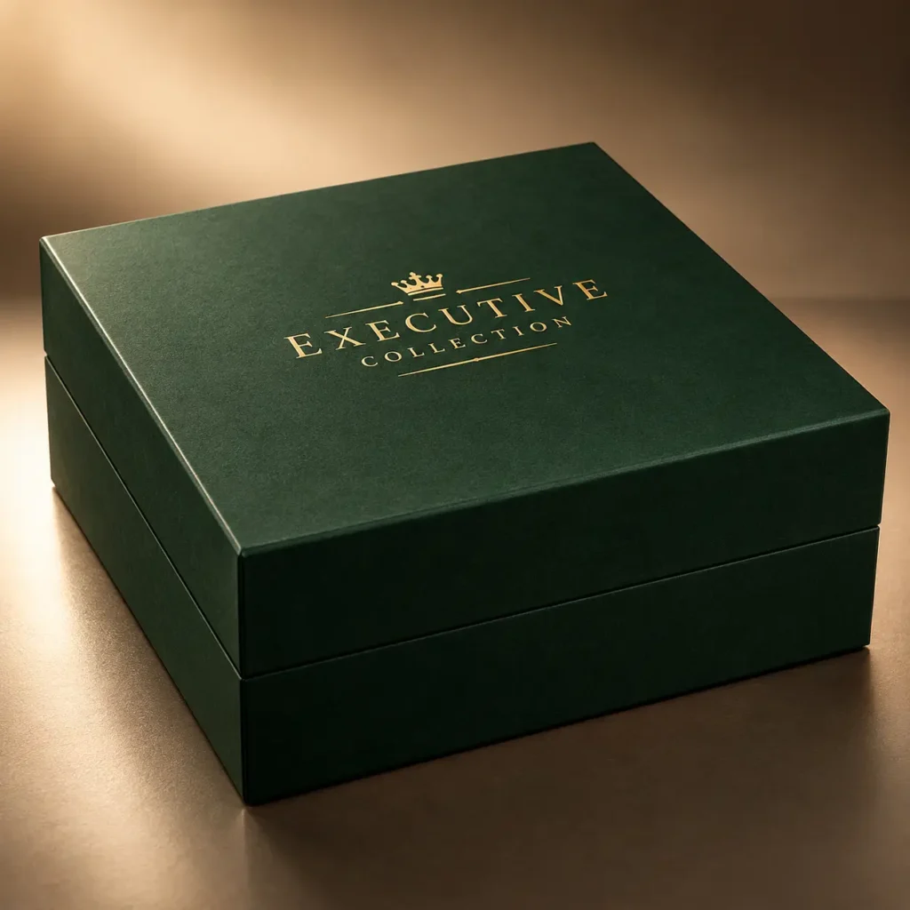 Luxury dark green rigid gift box with gold foil Executive Collection crown logo, premium packaging by The Packaging Masters