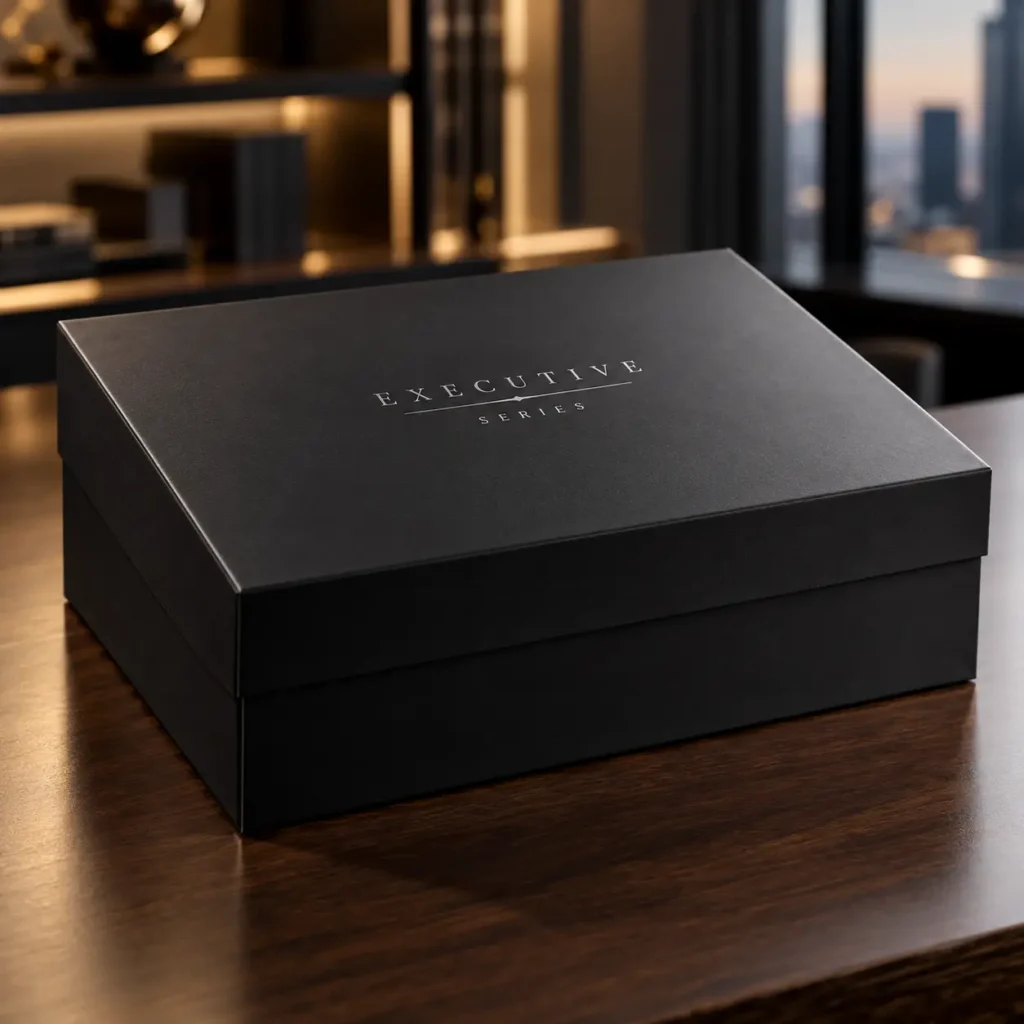 Matte black Executive Series luxury gift box on dark wood desk with golden office ambiance and city skyline backdrop