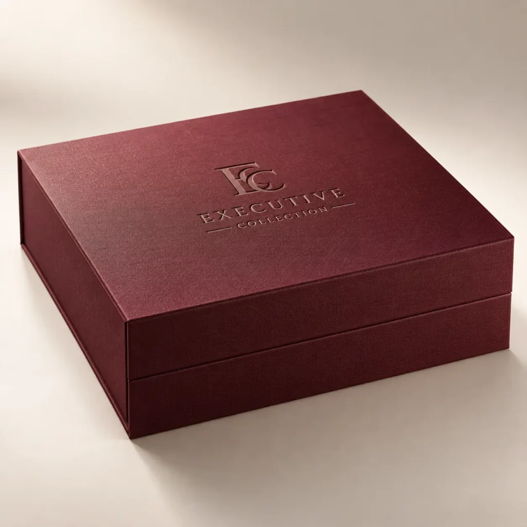Luxury burgundy rigid gift box with embossed EC Executive Collection logo, premium linen texture, magnetic closure, elegant corporate packaging