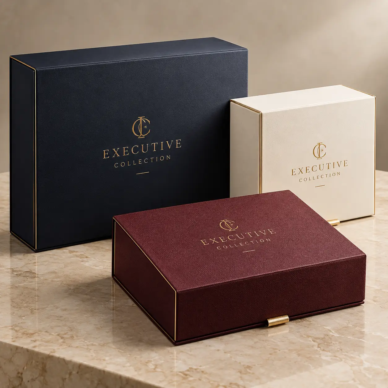 Three luxury gift boxes in navy, cream, and burgundy with gold Executive Collection branding on marble surface